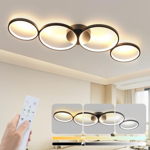 GBLY LED Deckenlampe Wohnzimmer Deckenleuchte: 88cm Dimmbar Wohnzimmerlampe 4 Ringe Modern Schwarz Schlafzimmerlampe 55W mit Fernbedienung Design Bürolampe für Schlafzimmer Büro Küche