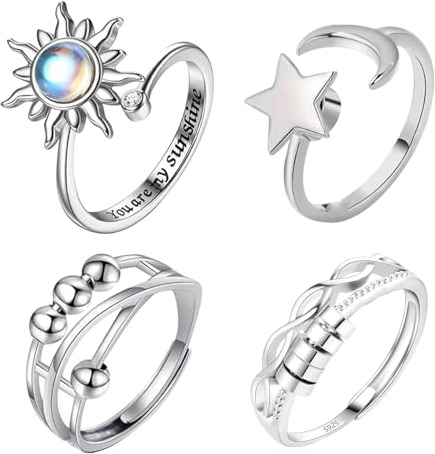 wimony 4PCS Fidget Rings for Anxious Women, Relieve Anxiety Rings, Silver Swivel Ring with Beads,Adjustable Open Fidget Ring for Girls Women