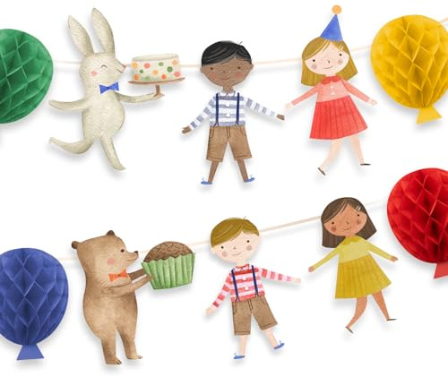 PARTY PARTY Kindergeburtstag Girlande, Waldtier Geburtstag Vintage Stil, Bunte Deko Hase, Bär, Ballon Happy Birthday Girlande, Kleinkind Geburtstag Jungen Mädchen