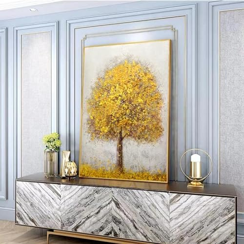 CBZKTR Großes goldenes Geldbaum-Landschaftsbild für Zuhause, Wohnzimmer, Eingang, Wanddekoration, Ölgemälde auf Leinwand, Kunstbild, 90 x 125 cm, mit goldenem Rahmen
