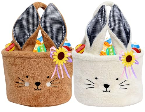 Tierisch süßer Osterkorb - Osterhase Plüschkorb zum Befüllen und Verschenken als frühlingshafte Osterdeko und Geschenkidee für ein blumiges Osternest. (Braun & Weiß)