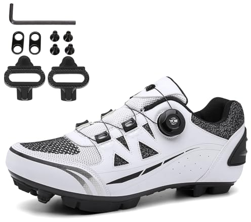 NGARY MTB Schuhe Herren Damen Fahrradschuhe Mountainbike Schuhe kompatibel mit SPD 2 Schrauben mit Cleats, Entsperren Schuhe Draussen,Weiß,42 EU