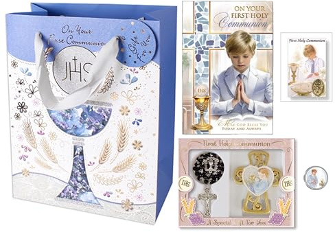 First Communion Gift Set for a Boy, Rosary Beads, Standing Cross, Greetings Card, Prayer Card, Pocket Token in a Gift Bag. Complete Quality Present for 1st Holy Sacrement.