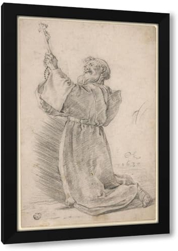 Cornelis Saftleven 13x18 Black Modern Framed Art Print Titled: Kneeling Monk Holding a Crucifix (1630)