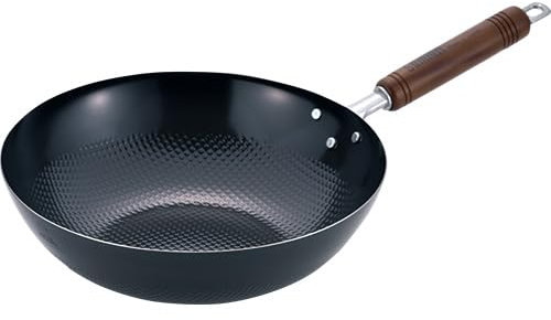 Iron Wok IH - Mango de madera con superficie antiadherente en relieve de 11.8 pulgadas, fabricado en Japón