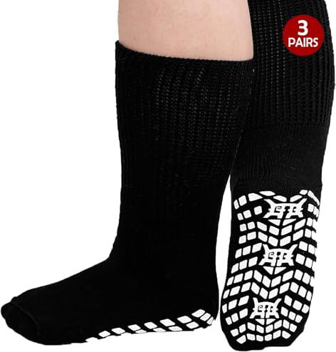 ZFSOCK Diabetiska strumpor för män och kvinnor: ABS stoppa strumpor med grepp, utan elastisk linning. Halkfria, extra breda strumpor i bomull för ökad komfort. Levereras i 3 par 47-50 Svart