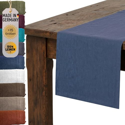 chambry Premium Tischläufer 100% Leinen Stonewashed - Handarbeit Made in Germany - natürliche und hochwertige Tischdekoration aus Naturmaterial - Blau 30cm x 135cm