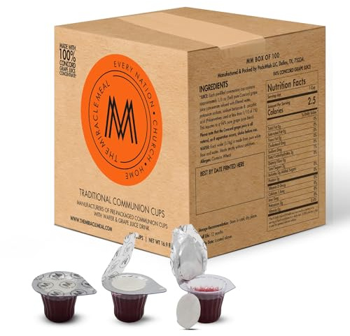 The Miracle Meal Pre-Filled Communion Cups & Wafer Set - Box of 100 | Prepackaged Holy Communion Bread & 100% Concord Grape Juice, Ready to Serve for Churches, Ministry & Fellowship Gatherings