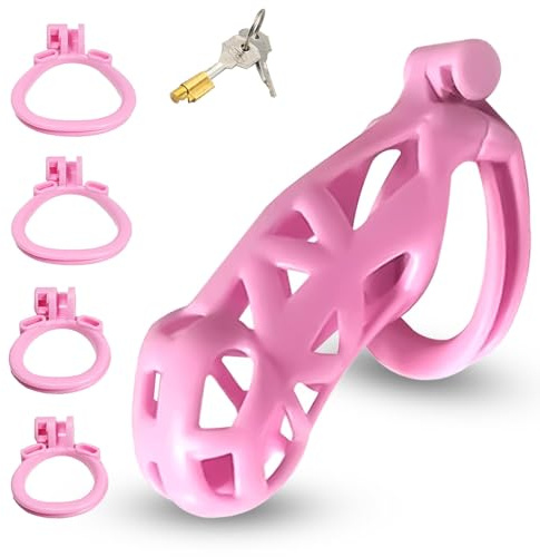 BDSMJOY 3.0 Chastity Cage for Men,Small 3D Cock Cage with 4 Cock Rings,BDSM Male Chastity Device,BDSM Lockable Penis Cage,Secure Locking Cage,Breathable & Comfortable,Couple Sex Toys(Pink, XXL)