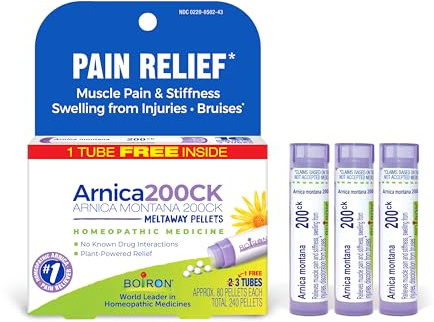 Boiron Arnica Montana 200CK Homeopathic Medicine for Pain Relief, Muscle Pain & Stiffness, Swelling from Injuries, & Bruises - 3 Count (240 Pellets)