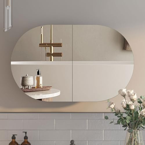 Mepplzian Spiegelschrank Oval, 96x60 cm, Ovaler Spiegelschrank Bad | Badezimmer Wandschrank mit Spiegel, Horizontaler Ovaler Wandmontage mit 5 Ablagefächern, modern, Schwarz