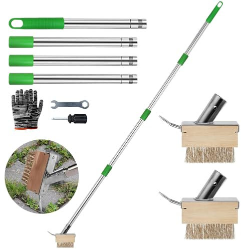 Unkraut Fugenbürste mit Stiel, 2 Stück Unkrautbürste mit Fugenkratzer, Pflastersteinebesen mit Kratzkante, Gartenbesenunkrautbürste, Fugenbesen Pflastersteine, für Moos und Unkraut Ersatzbürsten