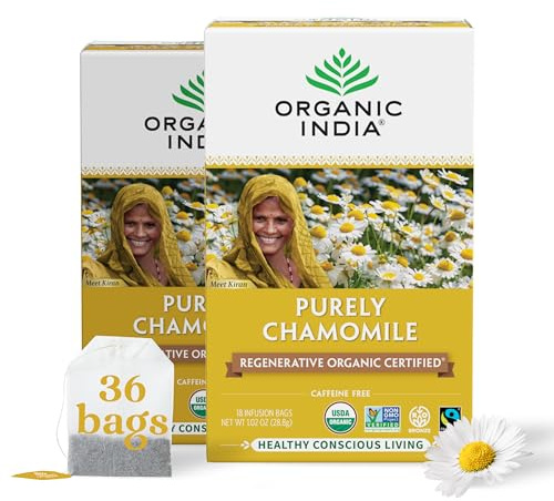 Organic India Purely Chamomile Tea - Regenerative Organic Chamomile Flowers, Caffeine Free, Calming & Relaxing Herbal Tea, Natural Support for Sleep & Relaxation - 18 Bags, Pack of 2