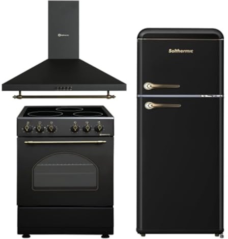 SOLTHERMIC PACK 3 EN 1 NEGRO RUSTICO ACABADOS DORADOS COCINA VTC50NEGRA CON HORNO 3 FUEGOS + CAMPANA DECORATIVA 60 CM H60PR + FRIGO 2P RETRO a F2PR147N DE 1,47 cm alto x 55 ancho y 220L
