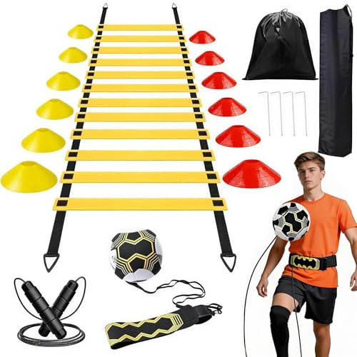 Jiahuade Accesorio de entrenamiento de fútbol, escalera de coordinación, escalera de coordinación con 12 conos, entrenador de fútbol y cuerda de saltar, accesorios de entrenamiento de fútbol, regalos
