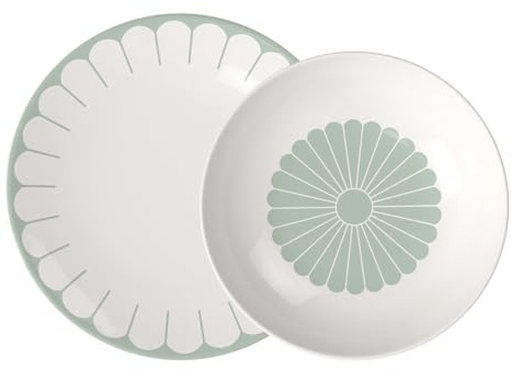 Villeroy & Boch Fleur Vert Service de table 12 pièces, assiettes plates (27 cm) et bols à soupe/pâtes (24 cm) pour 6 personnes, passe au lave-vaisselle et au micro-ondes, porcelaine de qualité