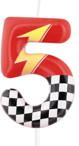 mciskin Red Racing - 5 candele di compleanno, decorazioni per 5° compleanno per ragazzo e ragazza, candela rossa numero 5 per torta, decorazioni per torte a tema auto da corsa a tema auto da corsa