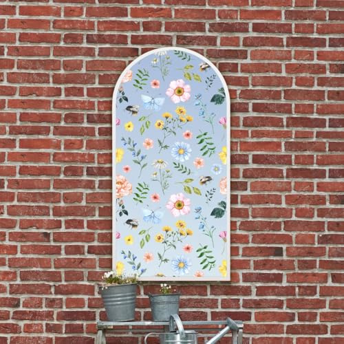 MirrorOutlet The Typis - White Metal Frame Edged Modern Round Arch Edge Garden Wall Mirror With Colour Flower Printed Decal 47 x 24 (120CM X 60CM) Silver Mirror Glass with White Frame