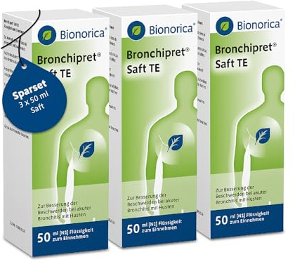 Bronchipret® Saft TE im Sparset 3 x 50ml – 3-fach Effekt gegen Husten, festsitzenden Schleim und Entzündung in den Bronchien, pflanzliche Thymian-Efeu-Kombination, für Kinder ab 1 Jahr, zuckerfrei