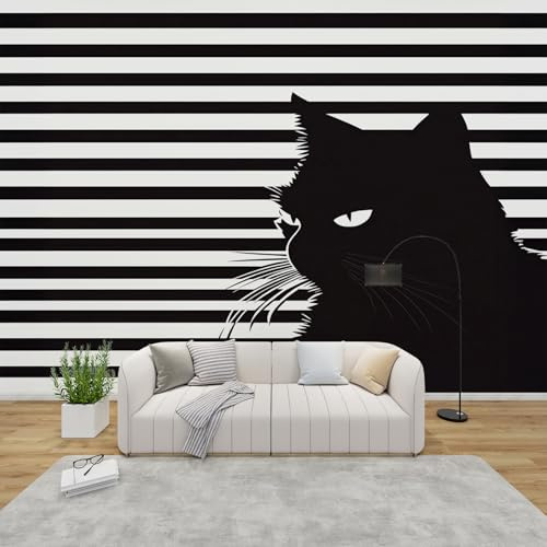 AevuCub Black Cat Wallpaper for Living Room - Black and White Striped Wall Murals for Bedrooms, Modern Wall Art, Non-Woven Photo Wallpaper 3D Effect, 450x315 cm