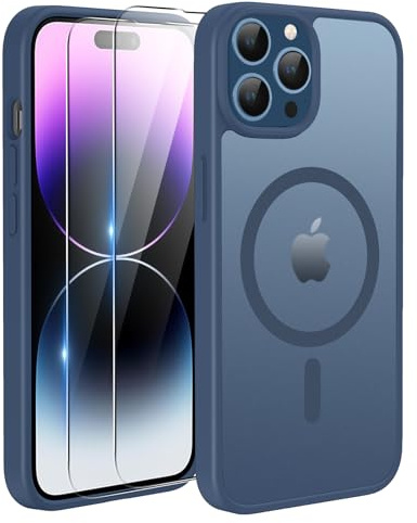 TQIAHF Magnetic Phone Case Cover for iPhone 14 Pro,Blue | with 2 Tempered Glass Screen Protector Compatible with MagSafe Military Grade Shockproof Protective Slim Translucent Matte