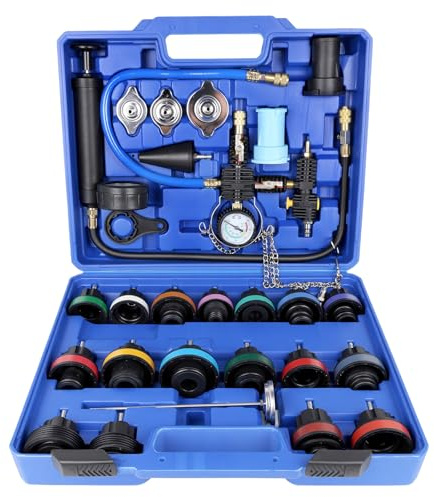OiLiehu Kit de Presión de Refrigerante y Anticongelante 28 Piezas Universal: Probador, Purga y Llenado para Radiador de Coche, con 17 Adaptadores y 3 Tapones de Prueba