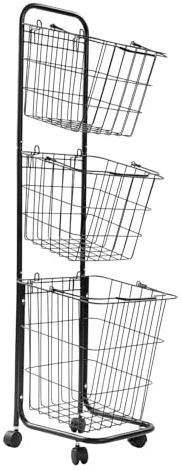 Wäschekorb auf Rollen 3 Fächer Große Wäschesammler Metall Fahrbar Wäscheständer mit Griffen, 26×32×123cm Laundry Basket Metall Fahrbar Wäschewagen Platzsparend für Badezimmer, Waschküche (Schwarz)