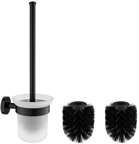 FORIOUS Toilettenbürste mit Verlängertem Edelstahlgriff Wandmontage Schwarz | 304 Edelstahl WC Bürste/WC Bürstengarnitur，Klobürste Wandmontage aus Edelstahl + Glas, mit Halter & 2 Bürstenköpfen
