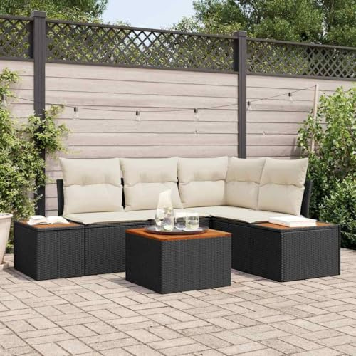 Bucmath Gartensofa-Set 4-teilig Schwarz Creme Polyrattan, Modulares Outdoor Loungeset mit Kissen, Wetterfestes Akazienholz, für Terrasse Balkon Garten, 209x154x85 cm