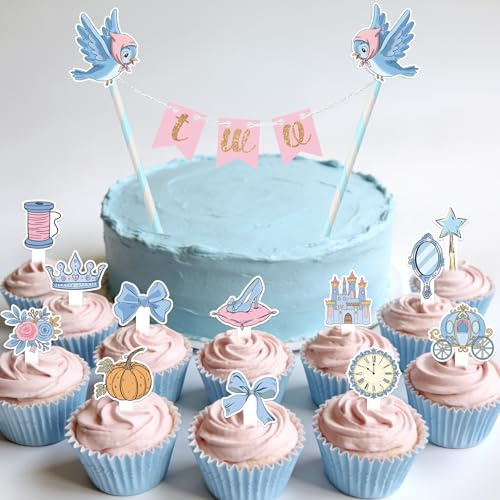 READIGO Princess Birthday Cake Toppers Set, 24PCS Pink Blue Princess Cupcake Toppers with 1 Mini Banner Cake Decor for Birthday Party, Baby Shower