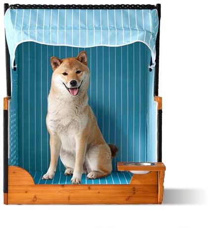 Relaxdays Dog Beach Chair with Rattan Frame, Canopy & Bowl, 95x75x65 cm, Garden & Terrace, Light Blue