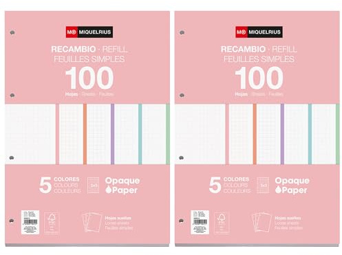 Miquelrius - Blocs de recambio, 200 hojas sueltas cuadriculadas 5 mm, Papel opaco 90 g/m², Recambio hojas A4 perforadas para carpeta anillas o archivadores, Material escolar para la vuelta al cole