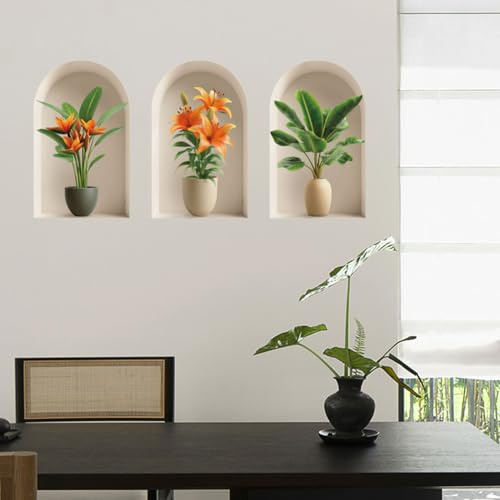 SUPERDANT 3 Stickers Muraux Arches en Pot de Plante 46x28cm Décor Végétal 3D Amovibles Autocollant Mural Fleurs Mate PVC Adhésifs pour Salon Chambre Bureau Décoration