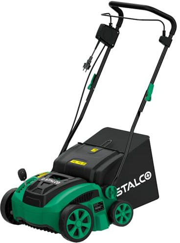 STALCO LSS2 en 1 - Escarificador (1500 W, 36 cm, aireador de césped y removedor de musgo, ajuste de altura central de -12 a +10 mm, cesta de 45 L, 2 rodillos, IPX4 eléctrico)