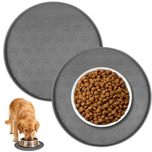 2 Stück Napfunterlage Katzen Rund,27cmx27cm Hundenapf Unterlage mit Rand | Wasserdicht,rutschfest,Napfunterlage Klein,Futtermatte Katzen,Futternapf Unterlage Hund,Spülmaschinenfest (Grau)