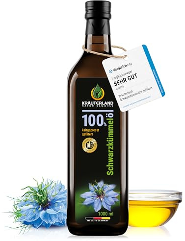 Kräuterland Schwarzkümmelöl kaltgepresst gefiltert 1000ml (1Liter) | 100% Nigella Sativa, hoher Thymochinongehalt, ohne Konservierungsstoffe & Aromen, nativ, vegan, mühlenfrisch & unraffiniert