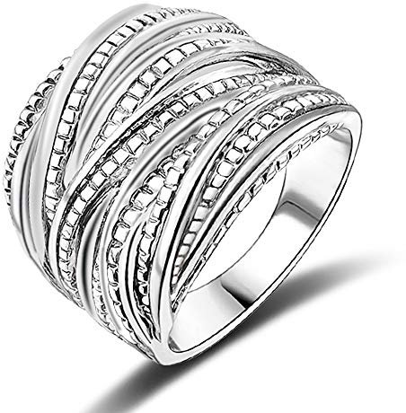 Mytys 2 Tone Intertwined Crossover Statement Ring Fashion Chunky Band Rings for Women Black Gold Silver Rose Gold Plated Wide Index Finger Rings Costume Jewelry (silver size 7)