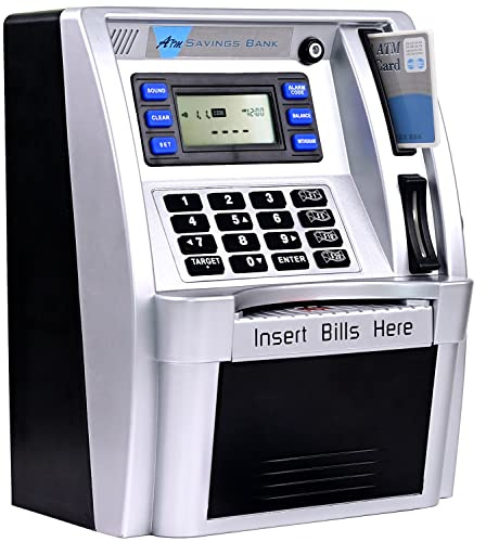 YaBao Pounds Version Electronic ATM Savings Bank Digital Piggy Money Bank Machine,Electronic Cash Box with Debit Card,Password Login,Voice Prompt,Coin Recognition,Targets Setting (Silver/Black)