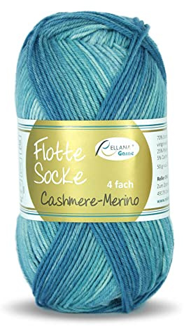 Rellana Flotte Socke Cashmere Merino Fb. 1323 - türkis, 50g weiche Sockenwolle mit Kaschmir und Merinowolle zum Stricken & Häkeln