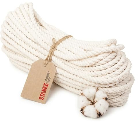 Seilwerk STANKE Cordón algodón 8mm x 10m, Trenzado de 3 Hilos - Cuerda Macrame, Cuerda Blanca, Cordel Decorativo - Suave, Resistente, se Puede Cortar, teñir y Atar fácilmente, 100% algodón Natural