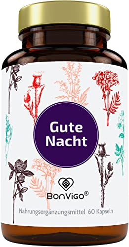 BonVigo® Gute Nacht Kapseln - Jetzt verbessert: Schneller einschlafen mit Melatonin* - Wertvolle Pflanzen-Extrakte Passionsblume und Baldrian - B-Vitamine für Nerven, Herz, Hormone**