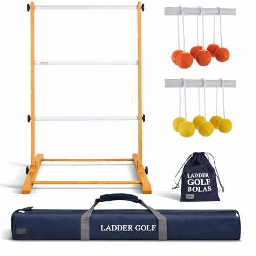 Ubergames Original 2024 stege golf spel – högsta kvalitet stege spel kastspel – proffs med officiella soft Bolas (fluororange och gul) – okrossbara stänger – lyxfickor