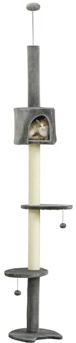 PawHut Árbol Rascador para Gatos para Techo con Cueva 255 cm Gris Claro | Rascador para Fijar al Techo, con Plataformas, Postes de Sisal, Bolas Colgantes