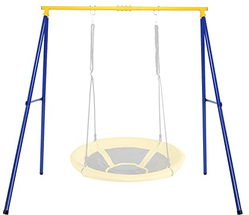 GYMAX Kids Swing Frame, Heavy Duty Metal Swing Stand with Ground Stakes, Garden Single Swing A Frame for Outdoor Indoor, 250kg Weight Capacity (Yellow+Blue)