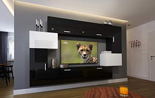 Furnitech Wohnwand Wohnzimmer | Hängend Wohnwand Modern | Wohnzimmer Schrankwand mit Regale und TV Schrank | Wohnzimmer Möbel ohne LED (Orlen AN6-17BW-HG21 1A)