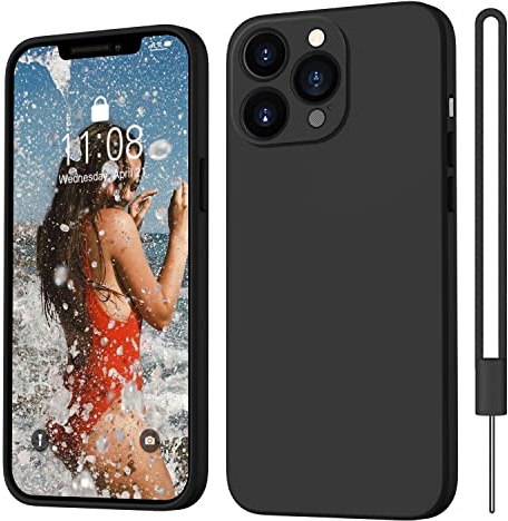 ORDA für iPhone 13 Pro Hülle Silikon mit Trageband, Schwarz | Ultra Dünn Slim mit Microfiber, Stoßfes Kratzfeste, Vollständiger Kameraschutz