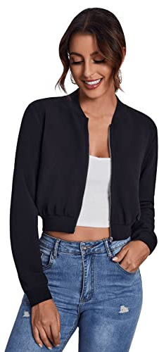 SweatyRocks Women's Casual Long Sleeve Solid Zip Up Coat Crop Bomber Jacket Black S