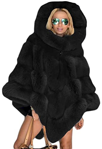ORANDESIGNE Felpe Donna con Cappuccio Invernali in Pile Caldo Poncho e Mantelle Maglione Collo Alto Elegante Curvy Cappotto Pelliccia Cardigan Outwear Jacket Nero Taglia Unica