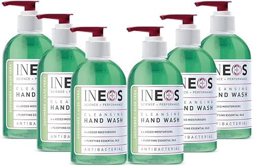 INEOS - Liquid Hand Soap - Moisturising - Handwash with Cucumber & Aloe Vera - 6 Bottles x 250ml, Packaging May Vary