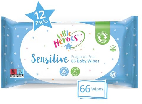 Little Heroes Sensitive Baby Wipes - 792 Wipes (12 x 66) | Fragrance free. 12 packs x 66 wipes, totalling 792 wipes.